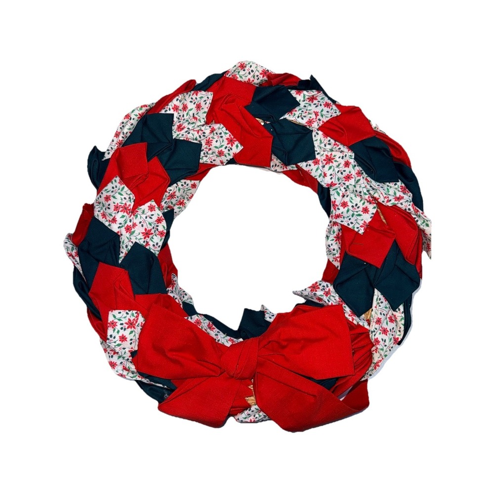 Vintage‎ Handmade Christmas Wreath Christmas Fabric 15" Diameter Red White Green